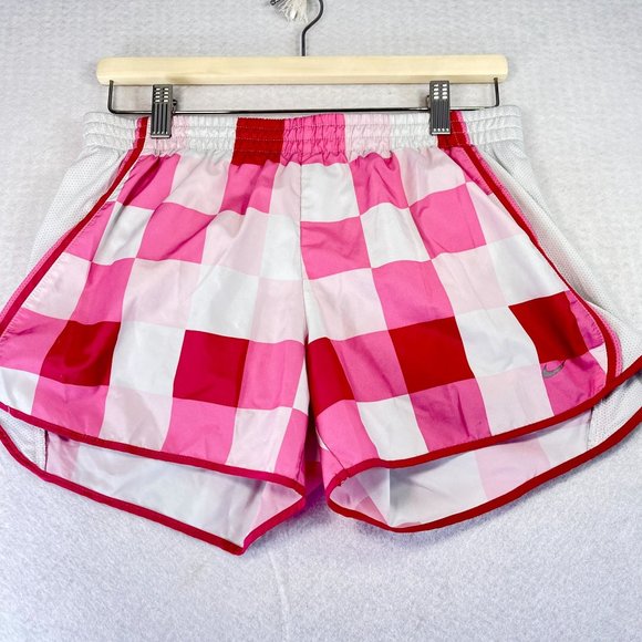 NIKE Womens M Dri Fit Checkered Pink White Performance Shorts Inner Drawstring - Picture 1 of 8